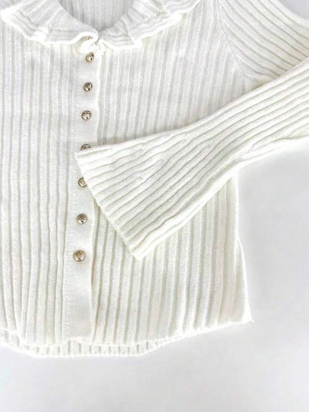 Ribbed V-Neck Ruffle Gold Button-Front Cardigan Sweater - Picture 4 of 6